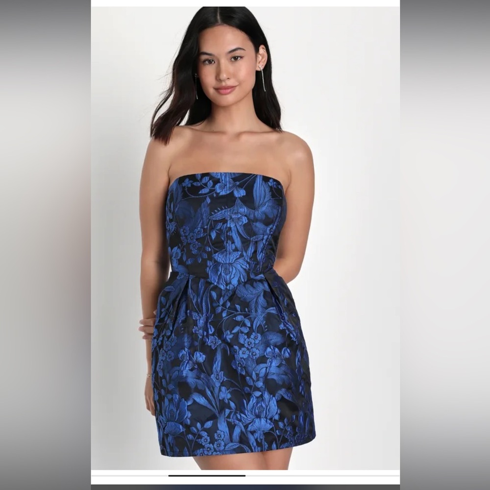 Lulu’s Magic Nights Black Floral Jacquard Strapless Dress With Pockets
